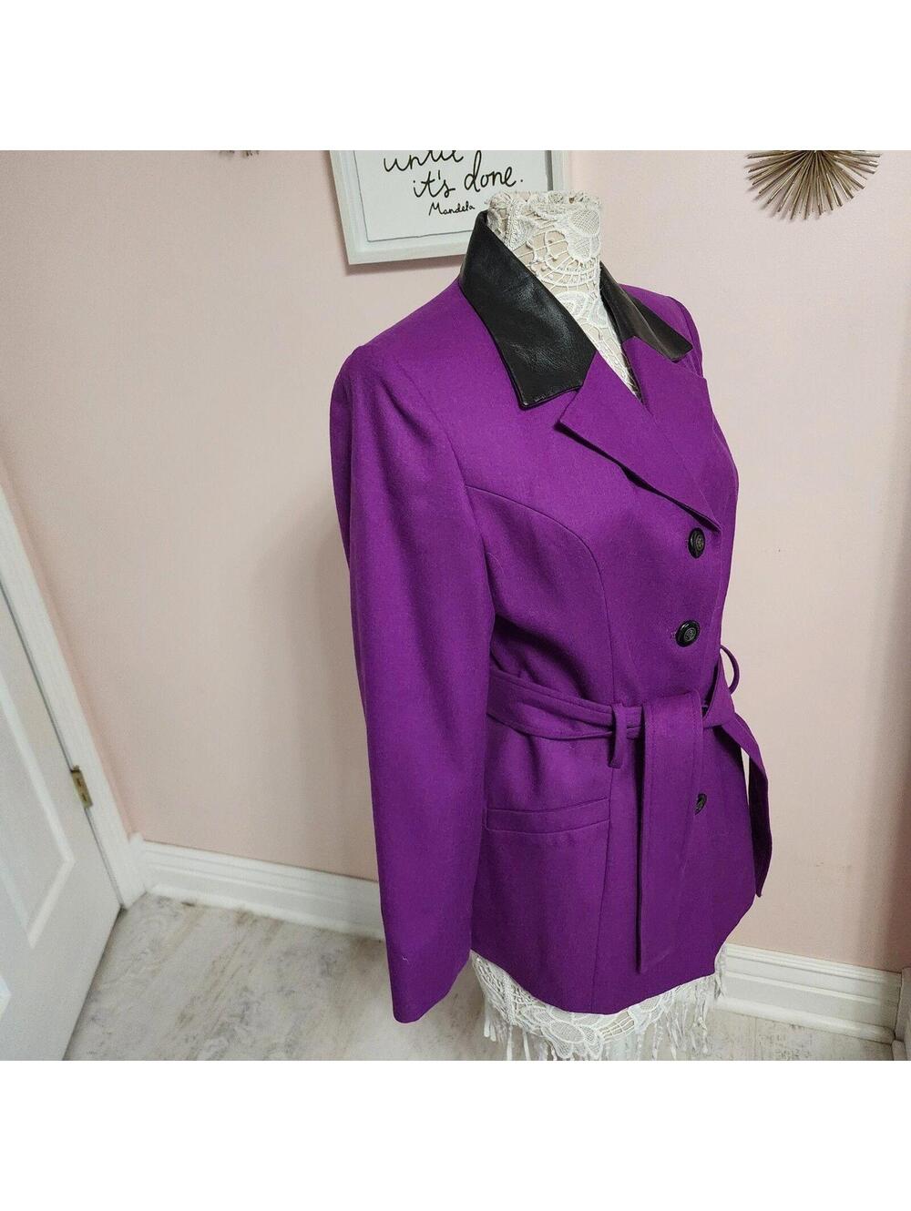 Vintage Gantos Purple Wool Belted Jacket Size 12 Faux Leather Collar Read